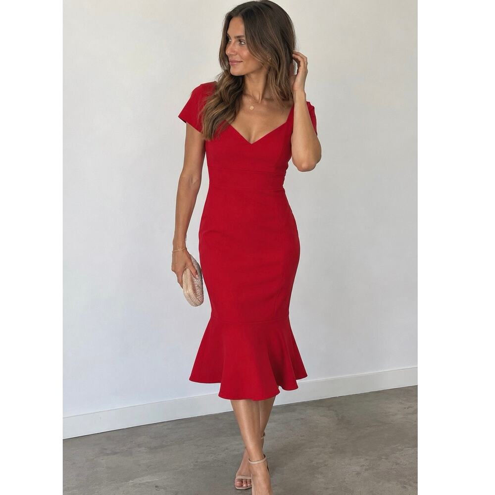 Cinq à Sept Red 8 Mermaid Midi Dress Sweetheart Neckline
